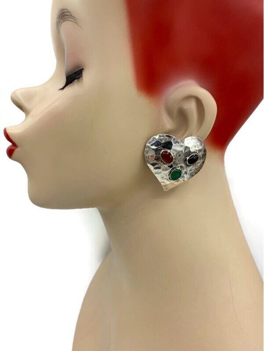Mexico Sterling Hammered Heart Onyx Carnelian Jade Cabochon Clip Earrings AF2